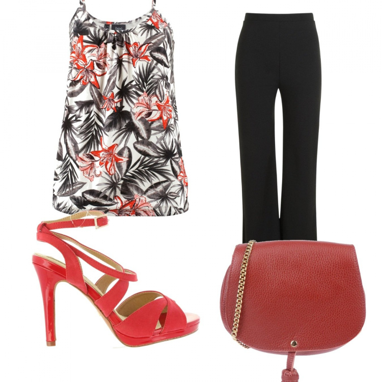 Outfit donna - Trendy #10179. Stile Trendy per Serata fuori. Abbinamento con top, borsa, pantalone lungo, sandali.
