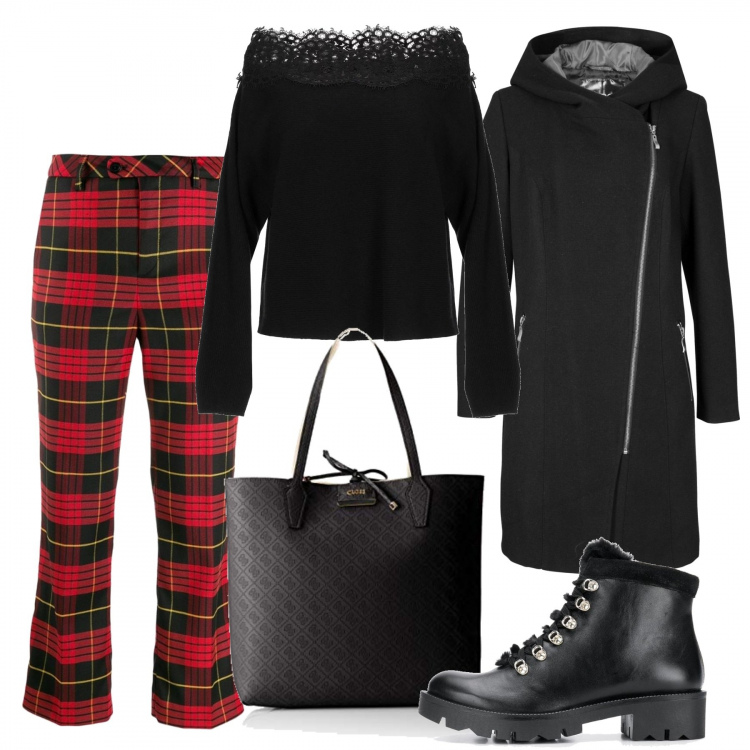Outfit donna - I pantaloni crop. Stile Trendy per Scuola/Università. Abbinamento con blazer, pullover, stivali, pantalone crop rosso, borse tote.
