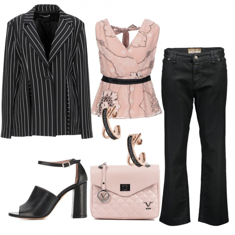 Outfit donna - Rosa per caso. Stile Trendy per Ufficio. Abbinamento con top, orecchini, giacca, sandali con tacco largo e fibbia open toe in pelle nero, pantalone lungo, pochette.