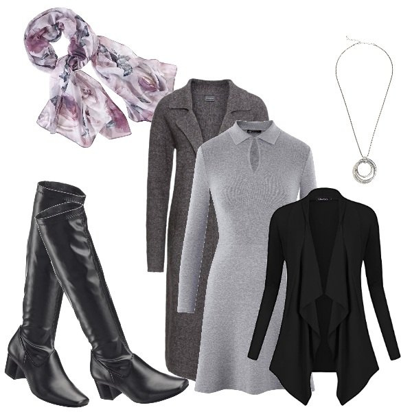 Outfit donna - Monday style in maglia. Stile Basic per Tutti i giorni. Abbinamento con stivali, cappotti, foulard, collane, vestito, cardigan.