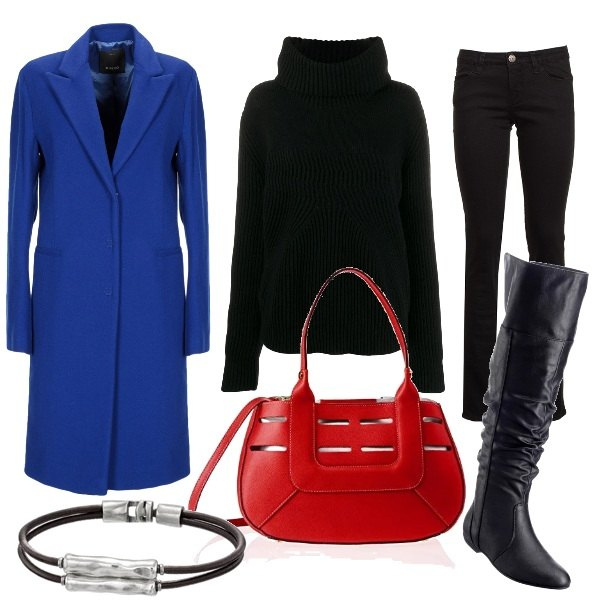Outfit donna - Tinte decise su fondo nero. Stile Trendy per Tutti i giorni. Abbinamento con stivali sopra il ginocchio, cappotto con spacco collo con revers a maniche lunghe interno foderato tinta unita, braccialetti, maglione, pantaloni, borse a spalla.