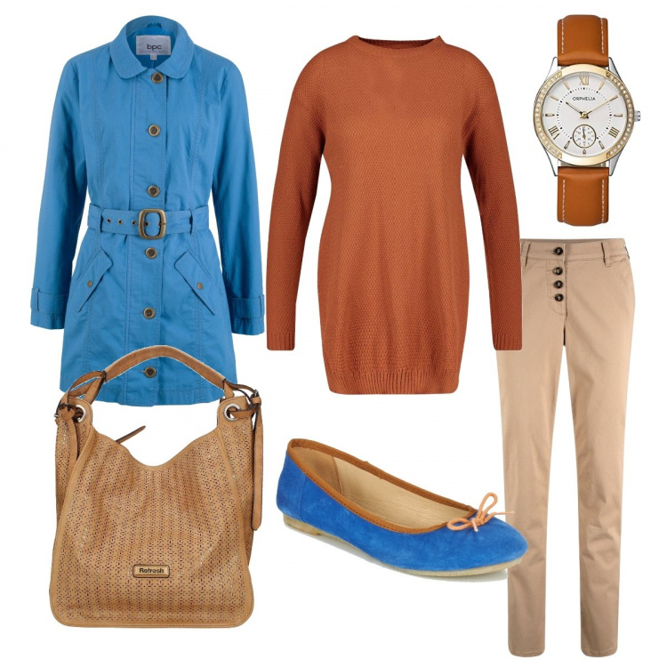 Outfit donna - Primavera alle porte. Stile Basic per Ufficio. Abbinamento con shorts, trench, pullover, borsa a spalla, ballerine, orologi.