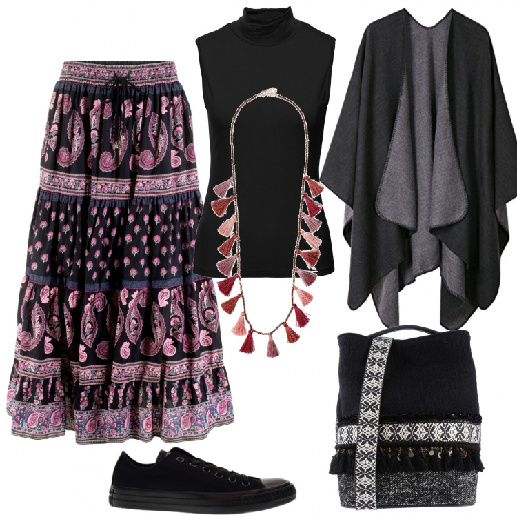 Outfit donna - CurvyStyle /Etnico. Stile Etnico per Scuola/Università. Abbinamento con gonne lunghe, top collo alto senza maniche aderente nero, borsa a tracolla, collana, sneakers, cappe.