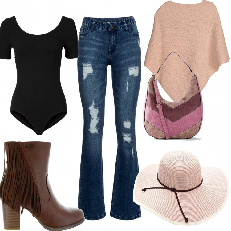 Outfit donna - Ritorno al passato. Stile Etnico per Tutti i giorni. Abbinamento con body, jeans bootcut, borse a mano, stivali, cappotti, cappelli.