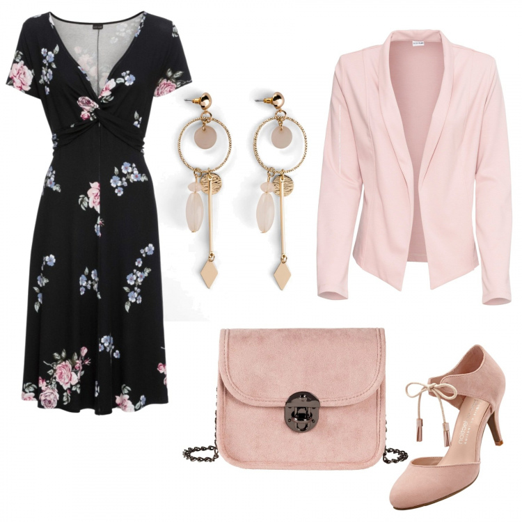 Outfit donna - Rose rosa. Stile Bon Ton per Tutti i giorni. Abbinamento con vestiti lunghi, orecchini, décolleté, blazer, borse a tracolla.