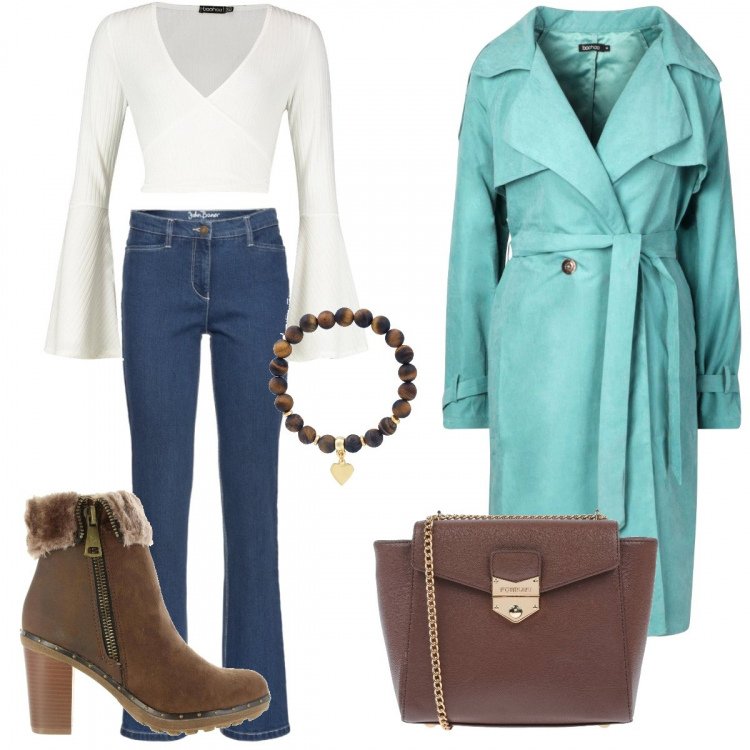 Outfit donna - Urban #4902. Stile Urban per Tutti i giorni. Abbinamento con borsa a tracolla, gonne lunghe, top a coste avorio, trench, stivaletti, bracciale oro.