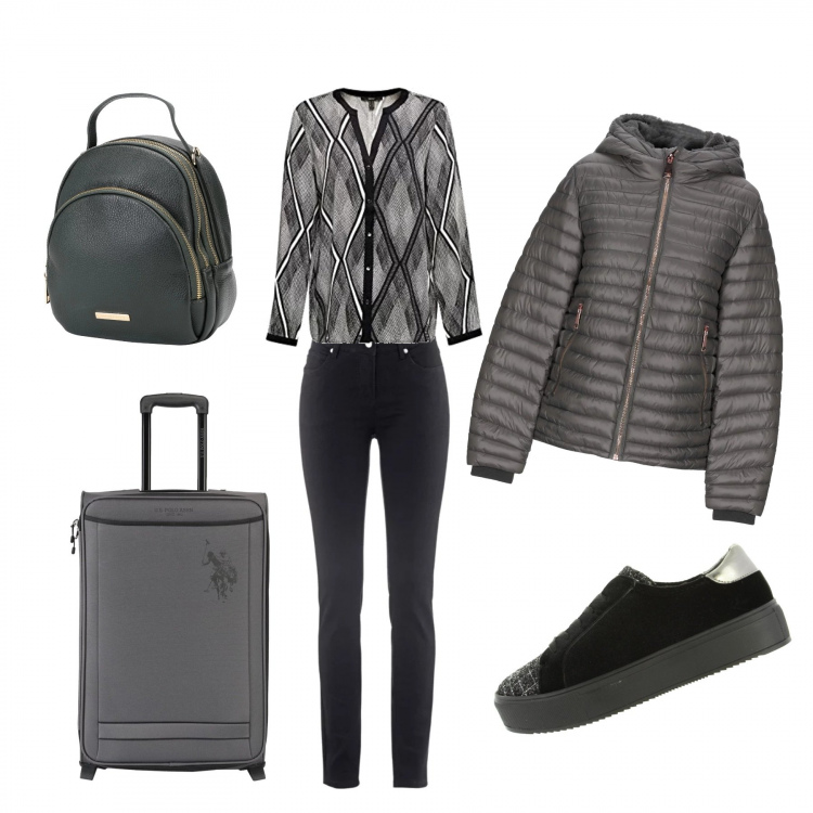Outfit donna - Pronti, partenza... Via!. Stile Urban per Tutti i giorni. Abbinamento con jeans dritti, piumino, zaini, valigie, camicie, scarpa sportiva.