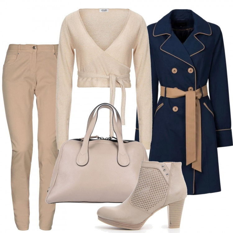 Outfit donna - Il trench blu. Stile Trendy per Ufficio. Abbinamento con trench, borsa a mano, top, pantaloni, stivaletti.