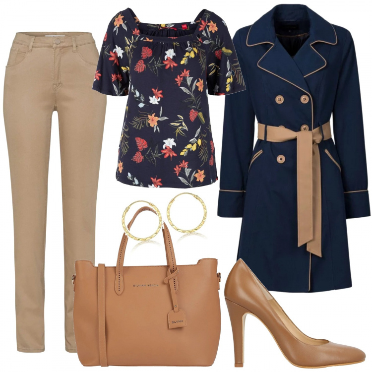 Outfit donna - Il trench per tutti i giorni. Stile Urban per Tutti i giorni. Abbinamento con trench, décolleté, borse a mano, t-shirt navy, pantaloni, orecchini in oro giallo 9ct.