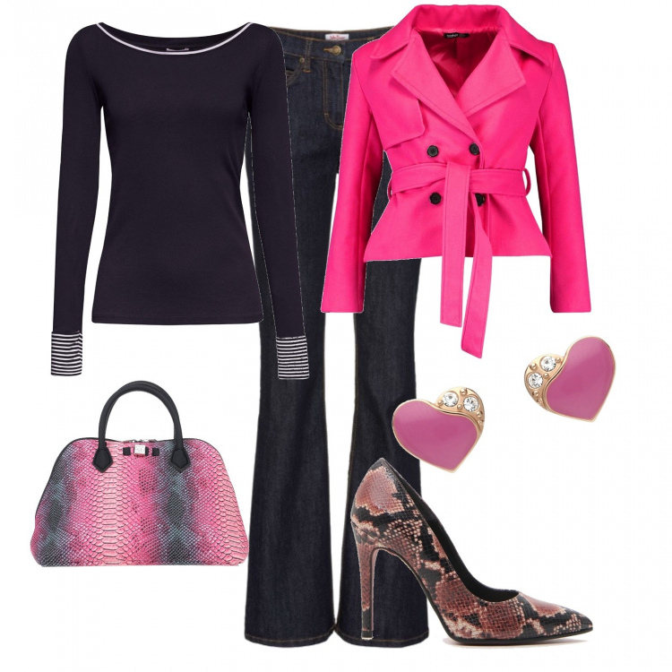 Outfit donna - Urban #4941. Stile Urban per Tutti i giorni. Abbinamento con jeans bootcut, borse a mano, trench, pullovers, décolleté, orecchini con strass fucsia.