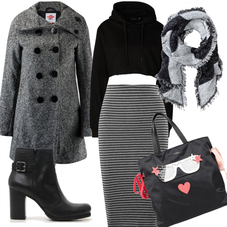 Outfit donna - Grey look. Stile Trendy per Tutti i giorni. Abbinamento con sciarpe, borsa a mano, felpa con cappuccio nero, gonne longuette, trench, stivaletti.