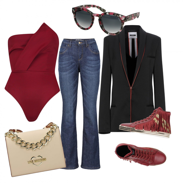 Outfit donna - Jeans+sneakers. Stile Urban per Tutti i giorni. Abbinamento con jeans bootcut, sneakers alte, giacca, corpo, borsa a mano, occhiali da sole.