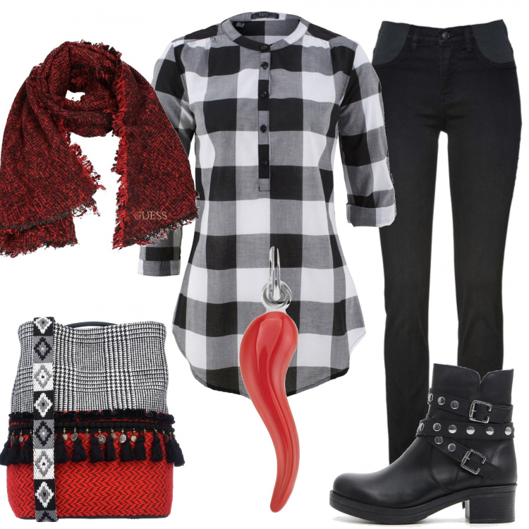 Outfit donna - Portafortuna. Stile Trendy per Tutti i giorni. Abbinamento con jeans skinny, bluse, borsa a spalla, sciarpe, stivaletti, ciondolo in argento 925 rosso.