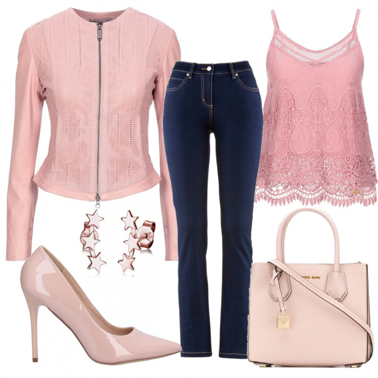 Outfit donna - Urban rosa. Stile Trendy per Tutti i giorni. Abbinamento con jeans dritti, top, cappotti, décolleté, borsa a mano tote con zip in pelle con tracolla regolabile rosa, orecchini.