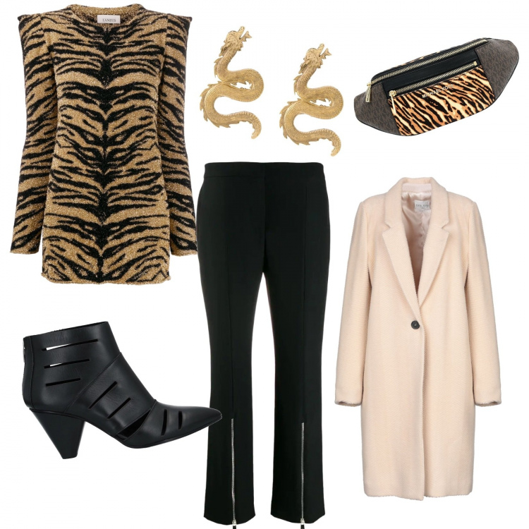 Outfit donna - La maglia tigrata!. Stile Trendy per Serata fuori. Abbinamento con marsupi, stivaletti, cappotto, pantalone a sigaretta effetto acetato crop con zip nero, top, orecchini.