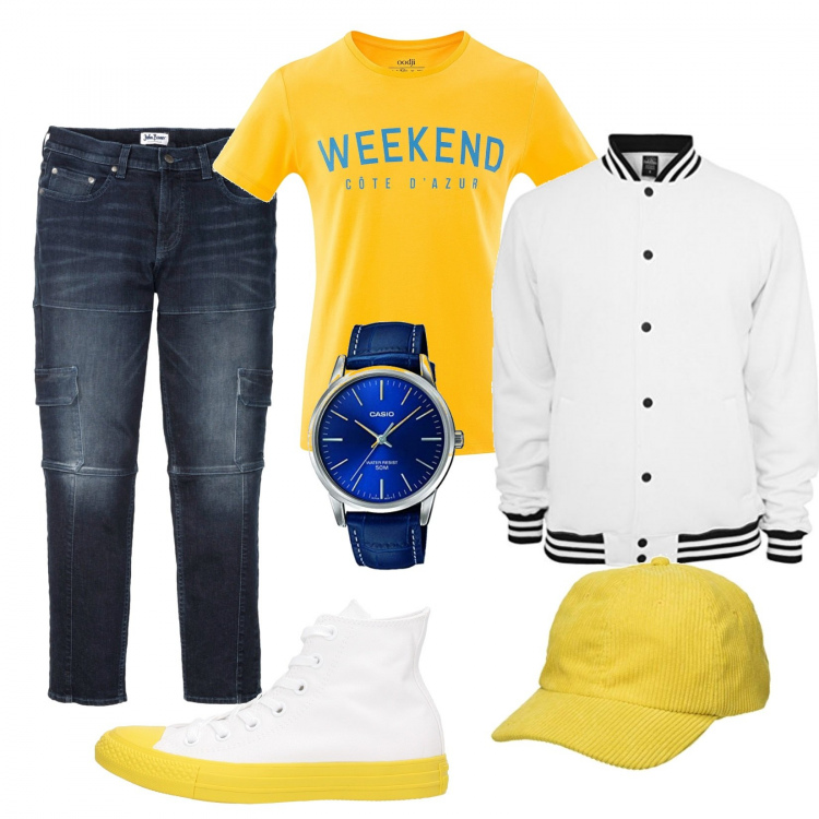Outfit uomo - Casual #3118. Stile Casual per Tutti i giorni. Abbinamento con jeans slim fit, sneakers, orologi analogici, t-shirt, cappelli con visiera, giacche.