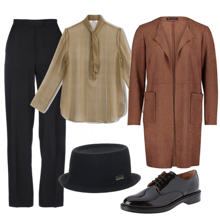 Outfit femme - Dandy style. Style Tendance pour Bureau. Assortir avec chemises, mocassins et chaussures à lacets, blazers, pantalons longs, chapeaux.