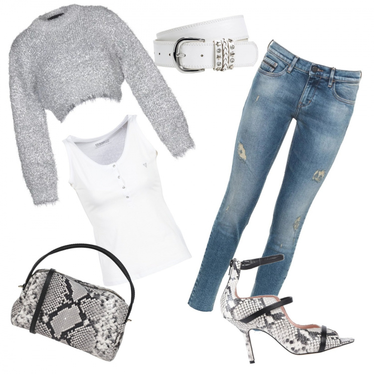 Outfit donna - Casual!. Stile Trendy per Tutti i giorni. Abbinamento con cinture, décolleté, borse a mano, pullover, top, jeans.