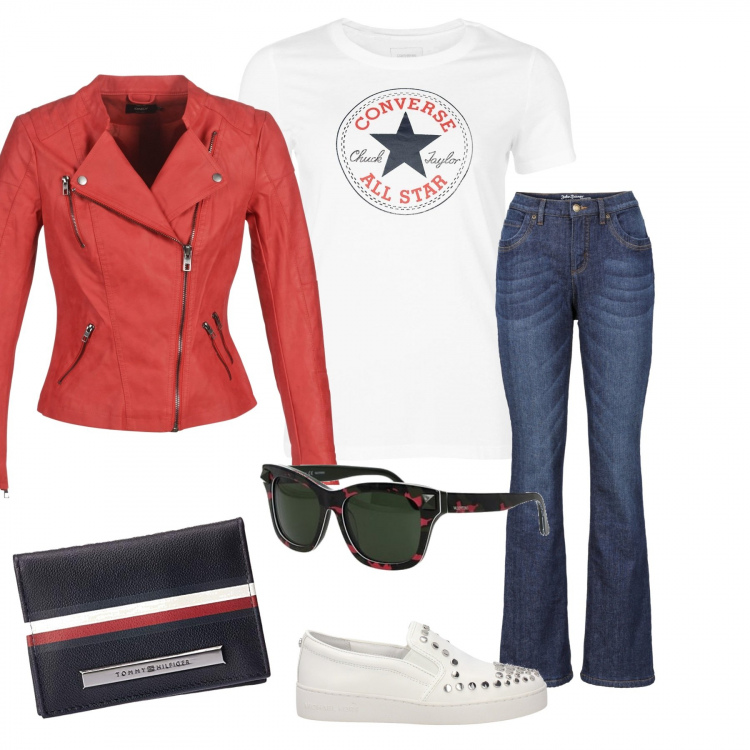 Outfit donna - Brunch della domenica. Stile Urban per Tutti i giorni. Abbinamento con jeans bootcut, slip, occhiali da sole, blazer, portafogli, t-shirt.
