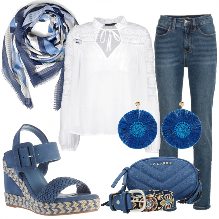Outfit donna - Sfumature d\'azzurro. Stile Urban per Tutti i giorni. Abbinamento con jeans skinny, orecchini, top, marsupio, sandali, sciarpe.