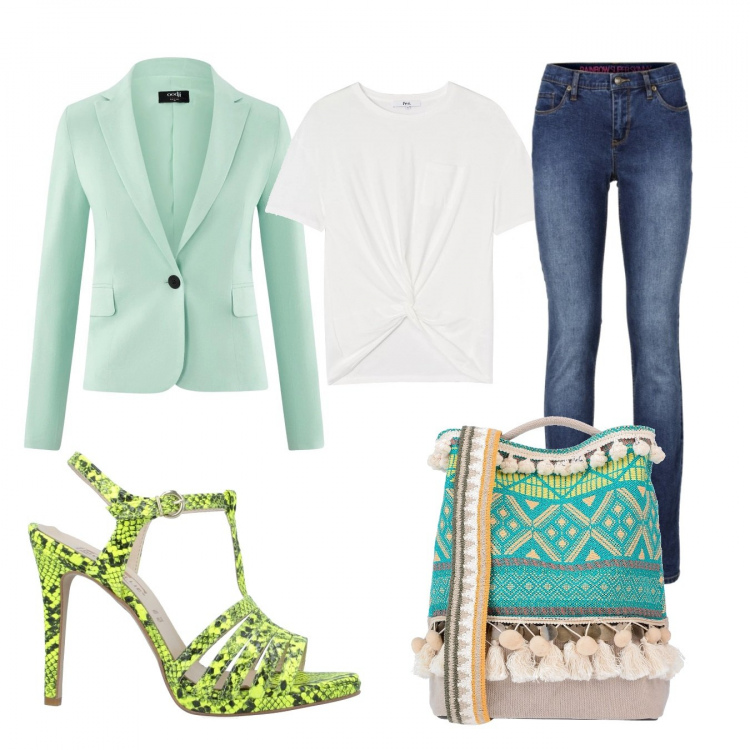 Outfit donna - Trendy #10825. Stile Trendy per Tutti i giorni. Abbinamento con jeans skinny, borsa a mano, sandali in pelle, t-shirt, blazer aderente verde.