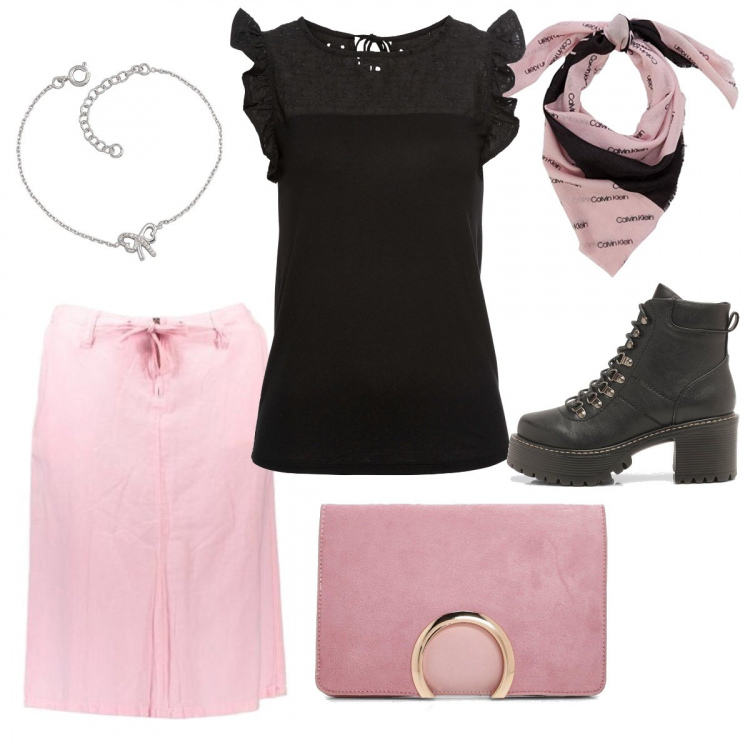 Outfit donna - Basic #6127. Stile Basic per Tutti i giorni. Abbinamento con t-shirt, clutch, scarpa col tacco, gonne longuette, sciarpa, braccialetto in argento 925 bianco.