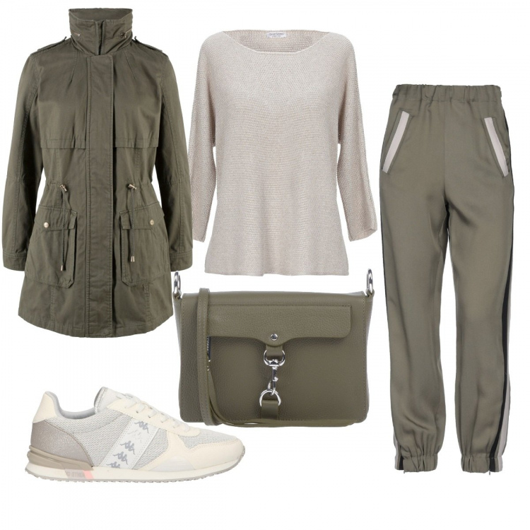 Outfit donna - Fine settimana in comodità. Stile Basic per Tutti i giorni. Abbinamento con parka, pantaloni, borsa a tracolla mini in pelle martellata tinta unita, pullovers, scarpa sportiva.