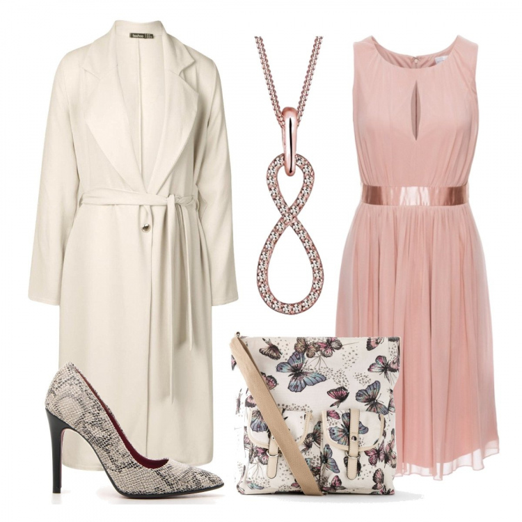Outfit donna - Eleganza low-cost. Stile Chic per Serata fuori. Abbinamento con borse a tracolla, vestiti, cappotto wrap beige, décolleté, collana.