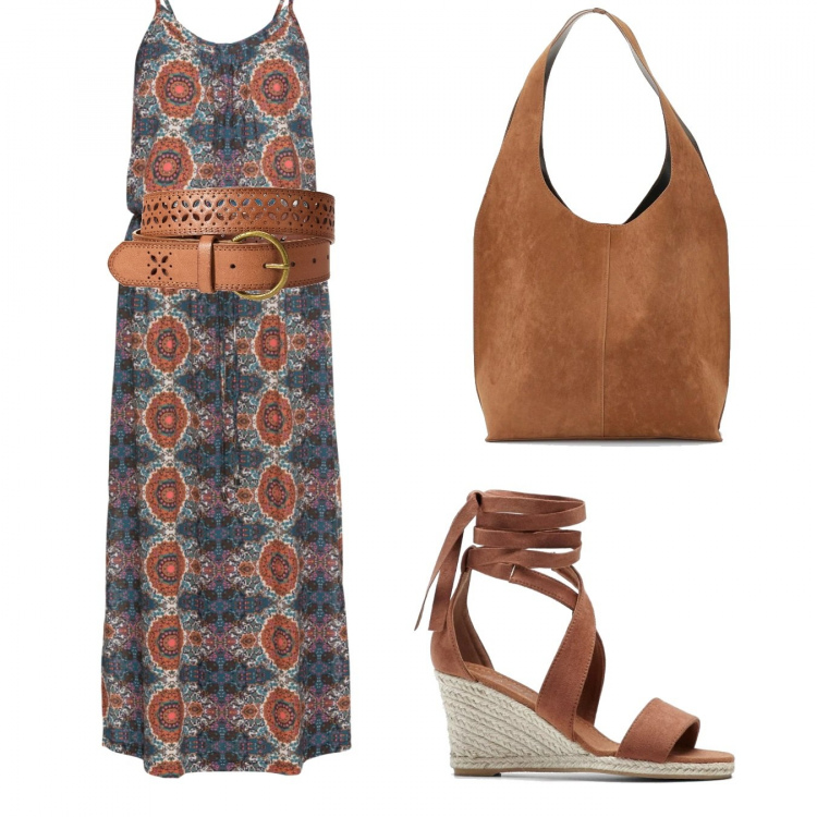 Outfit donna - Trendy #10954. Stile Trendy per Tutti i giorni. Abbinamento con vestiti lunghi, cinture, sandali, borsa.