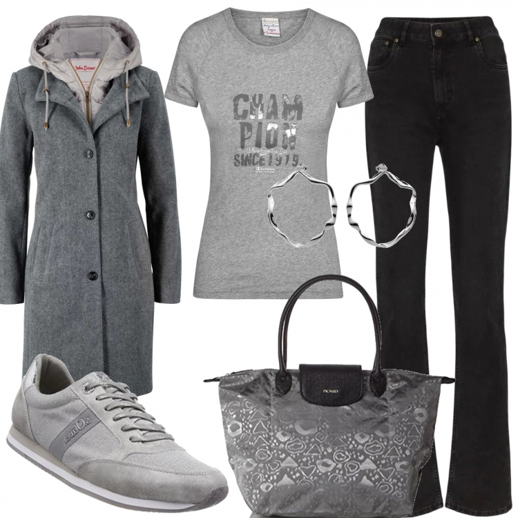 Outfit donna - Al cinema con le amiche. Stile Basic per Tutti i giorni. Abbinamento con cappotti, orecchini, jeans dritti, borse tote, t-shirt, scarpa sportiva.