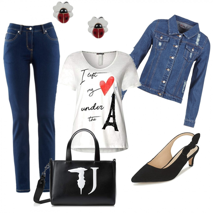 Outfit donna - Paris mon amour!. Stile Urban per Tutti i giorni. Abbinamento con jeans dritti, orecchini, décolleté, giubbotto, t-shirt, borse tote.