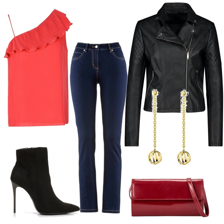 Outfit donna - A cena con le amiche. Stile Urban per Serata fuori. Abbinamento con jeans dritti, top, blazer, tronchetti, orecchini, borse a tracolla.