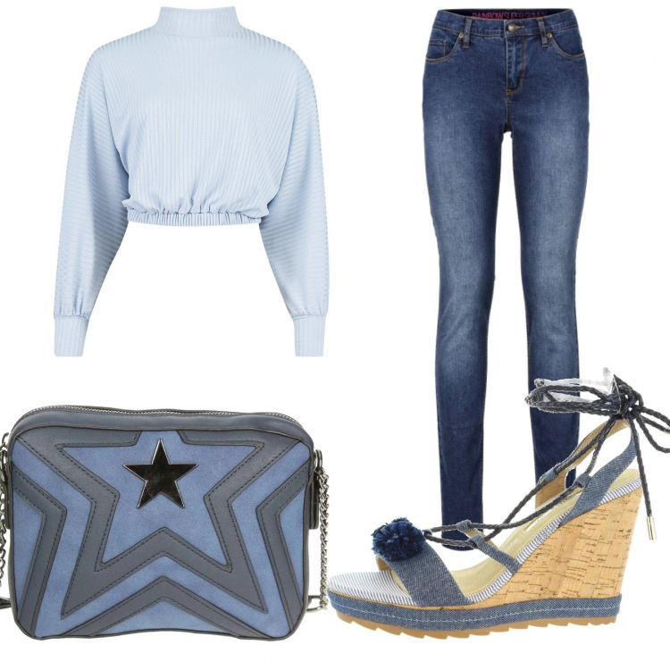 Outfit donna - Trendy #11014. Stile Trendy per Tutti i giorni. Abbinamento con jeans skinny, top a coste collo alto blu, borsa a tracolla blu, sandali.
