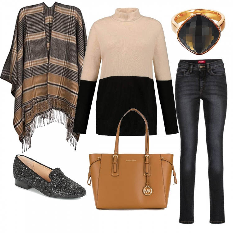 Outfit donna - Su di tono !. Stile Bon Ton per Ufficio. look ideale per Tall. Abbinamento con jeans slim fit, mocassini, borsa tote, cappotti, pullover, anello marrone e oro.