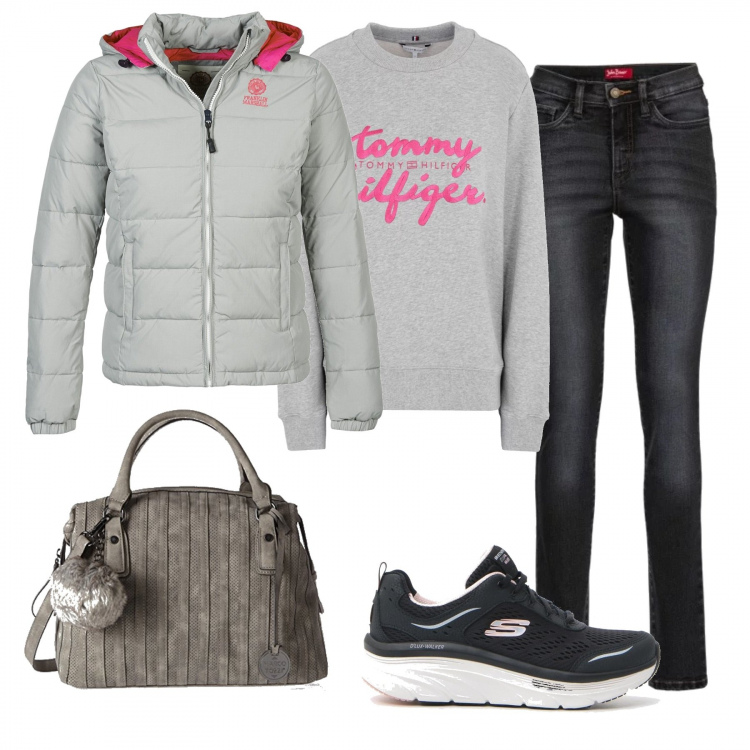 Outfit donna - Voglia di comodità. Stile Basic per Tutti i giorni. Abbinamento con jeans slim fit, felpa, piumino, borse a tracolla, sneakers.