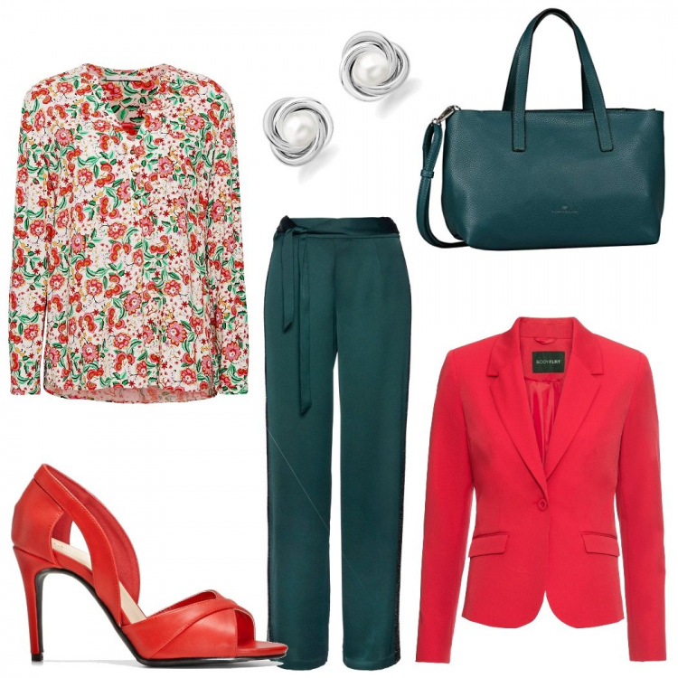 Outfit femme - Chic #6110. Style Chic pour Bureau. Assortir avec robes chemisier, blazers, chaussure à talon, chemises, sac cabas, boucles d'oreilles.
