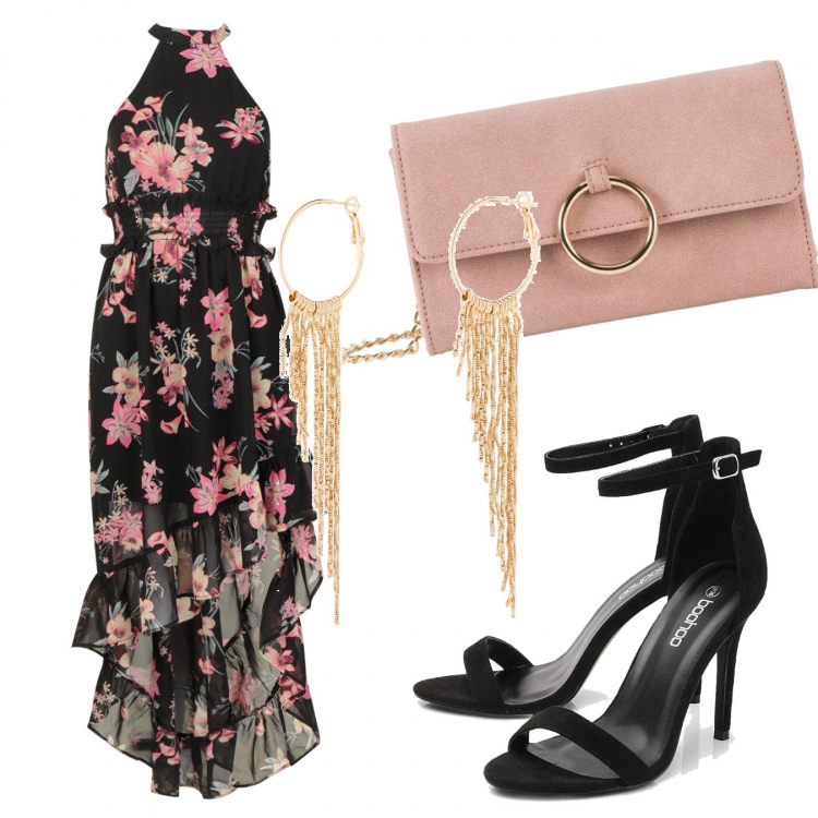 Outfit donna - Chic #6116. Stile Chic per Serata fuori. Abbinamento con cappotti, orecchini, vestito lungo petite con stampa nero, scarpe col tacco.