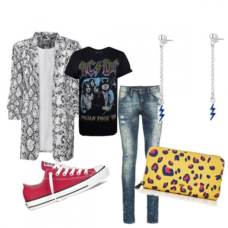 Outfit femme - Soirée concert. Style Rock pour Soirée dehors. Assortir avec vestes, blazers et manteaux, pulls, t-shirts et polos, sneakers, sacs à bandoulière et portés à l'épaule, boucles d'oreilles.