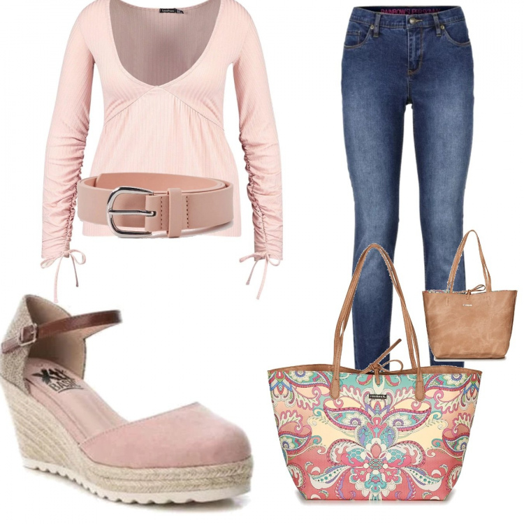 Outfit donna - Trendy #11177. Stile Trendy per Tutti i giorni. Abbinamento con jeans skinny, cinture, top, borsa, sandali con zeppe rosa.
