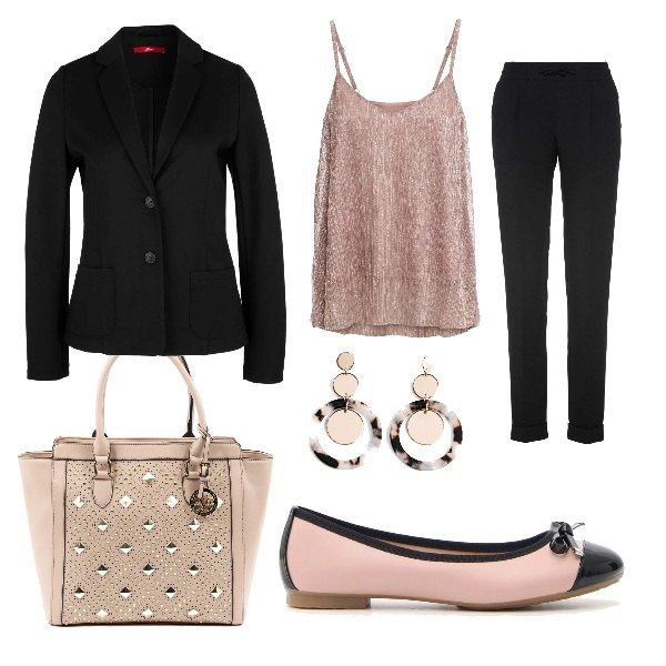 Outfit donna - 0051# Cena di lavoro glamour. Stile Bon Ton per Serata fuori. look ideale per Petite. Abbinamento con pantaloni, top, orecchini, blazer, ballerine, borse a mano.