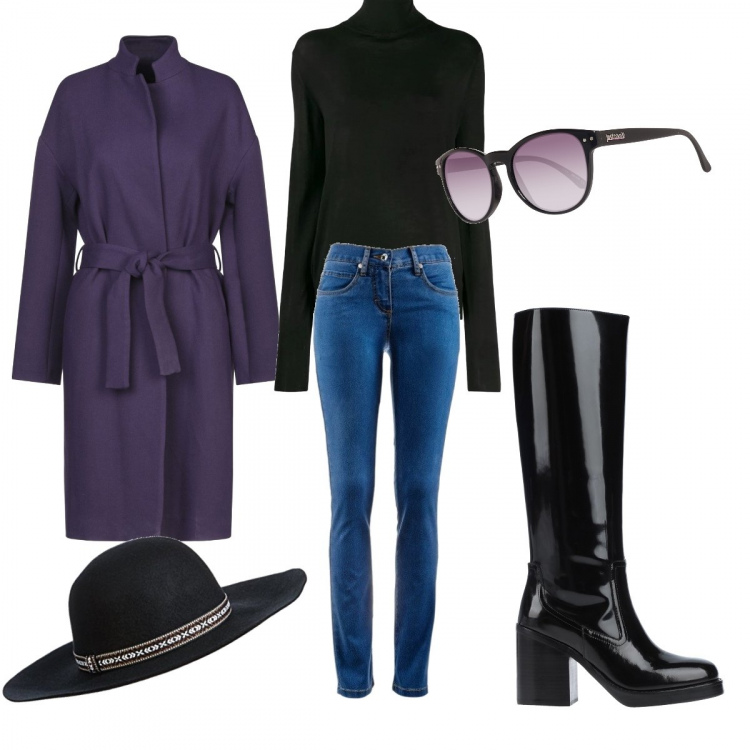 Outfit donna - Trendy #11190. Stile Trendy per Tutti i giorni. Abbinamento con jeans dritti, cappotto twill, stivali, maglione collo alto a maniche lunghe nero, occhiali da sole, cappelli.