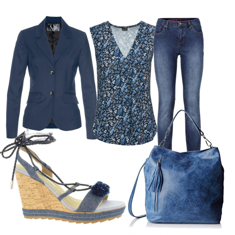 Outfit donna - Basic #6329. Stile Basic per Tutti i giorni. Abbinamento con jeans skinny, top, blazer, borsa a mano, sandali.