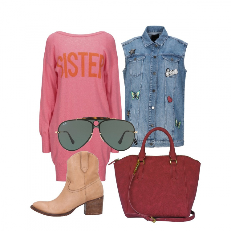 Outfit mujer - Street wear. Estilo Urban para Escuela/Universidad. Combinación con borsa a mano, gafas de sol, vestito, giubbino in denim, botas y anfibios.