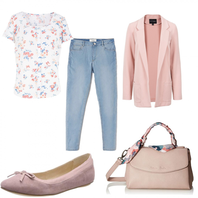 Outfit donna - Fresca e in ordine tutto il giorno. Stile Basic per Tutti i giorni. Abbinamento con vestiti corti, camicie, pantalone skinny in denim blu, ballerine, borse a tracolla.