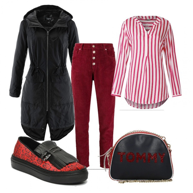Outfit donna - Le scarpe nere e rosse. Stile Basic per Ufficio. Abbinamento con blazer, borse a spalla, pantalone lungo, blusa multicolore e rosa, mocassini nero e rosso.