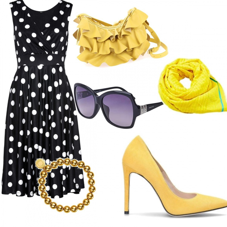 Outfit donna - Il vestito a pois. Stile Bon Ton per Cerimonia. Abbinamento con vestiti, scarpe giallo, borsa a tracolla con volant e zip giallo, occhiali da sole, sciarpe, braccialetti.