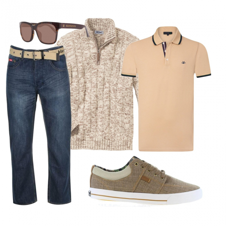 Outfit uomo - Al bar. Stile Casual per Tutti i giorni. Abbinamento con maglieria, t-shirt, polo, canotte con bottoni, jeans, sneakers, occhiali da sole.