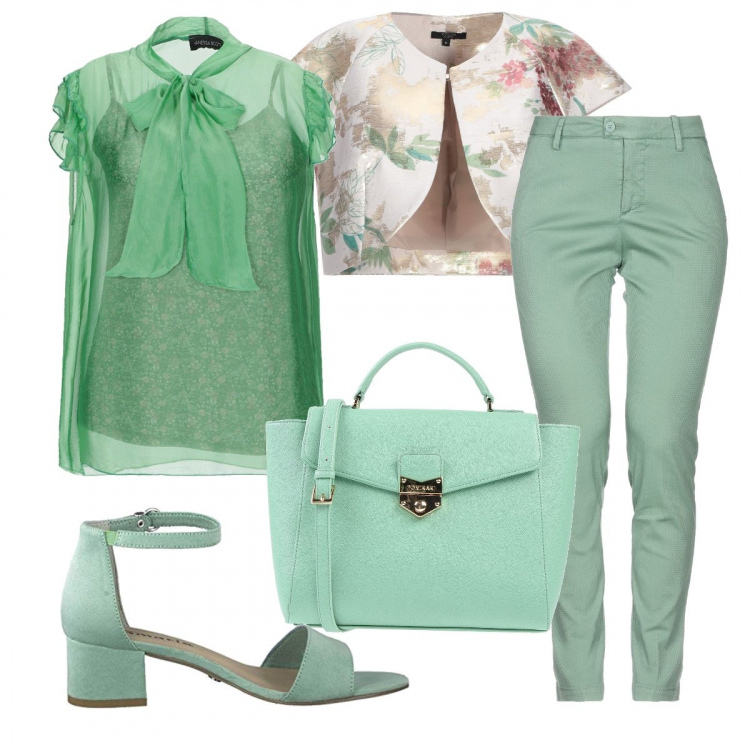 Outfit mujer - Bon Ton #4915. Estilo Bon Ton para Noche/Fiesta elegante. Combinación con sandalias, zuecos, mules y chanclas de moda verde, pantalones, top, giacca fantasia floreale, borsa a tracolla.
