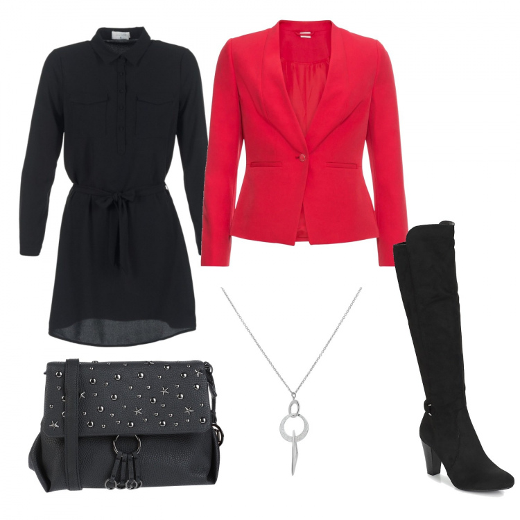 Outfit donna - Stivale nero. per Serata fuori. Abbinamento con borse a mano, blazer, vestiti corti, stivali, catena girocollo.