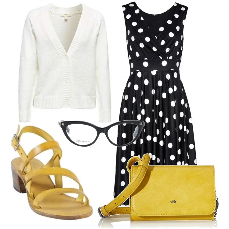 Outfit donna - Il vestito a pois. per Ufficio. Abbinamento con vestiti, occhiali da sole e montature per occhiali da vista tinta unita, cardigans, sandali giallo, borse a spalla.